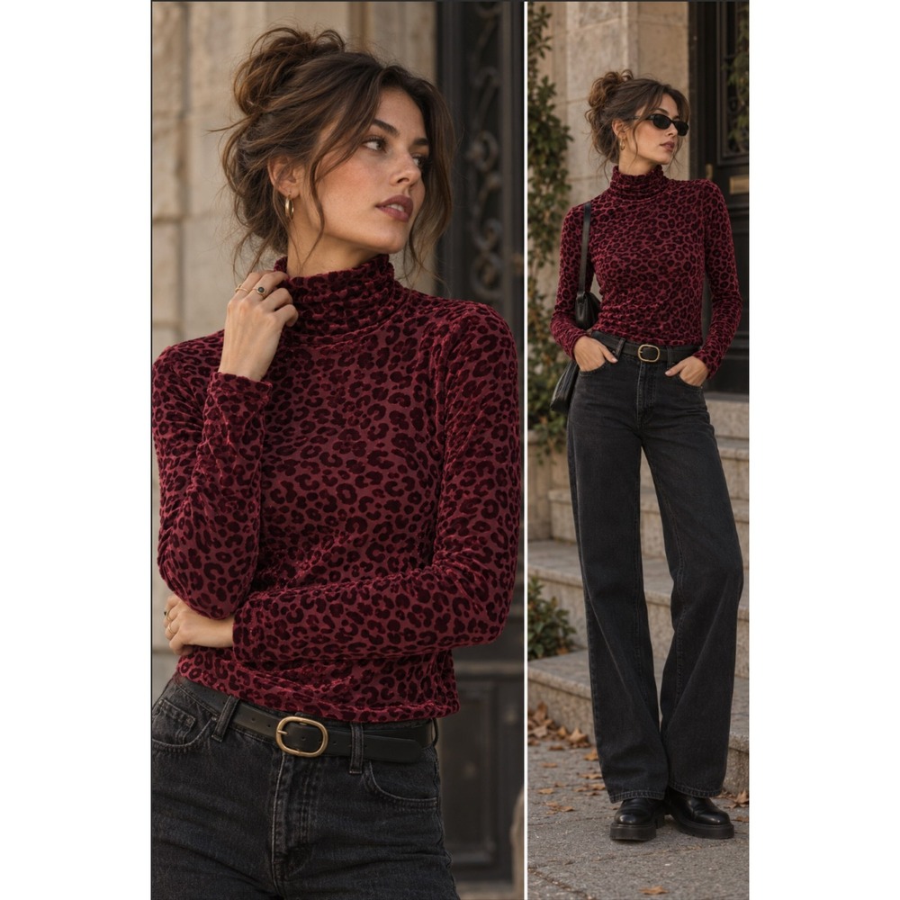Forever 21 Maroon Velvet Burnout Cheetah Print Turtleneck Dark Romantic Top M